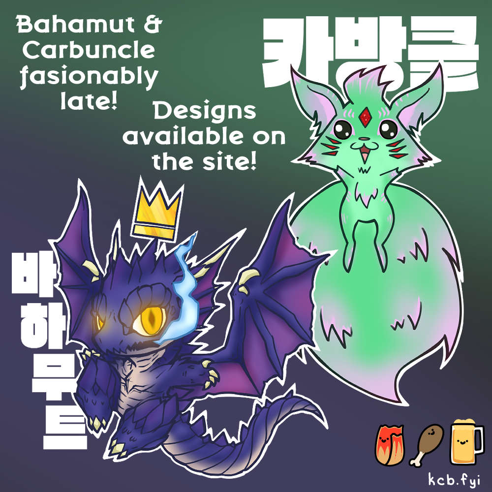 After a couple of redesigns, they are finally here! Welcome Bahamut and Carbuncle to the party! <3 Shirts are available now :3
