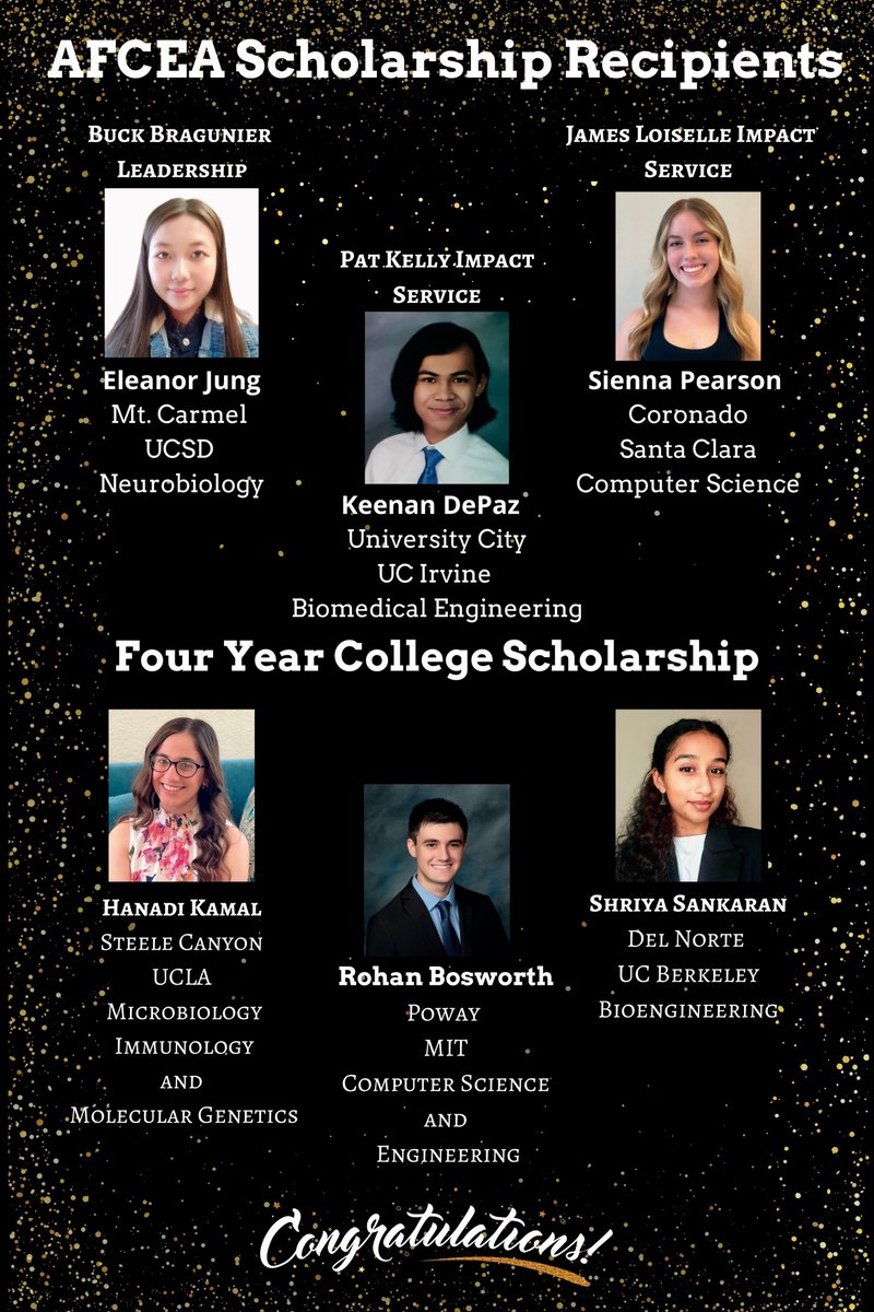 Congratulations 2023 <a href="/afceasd/">AFCEA San Diego</a> Scholarship Recipients!  Outstanding SD County HS graduates majoring in a STEM field in college were awarded a $2,000 scholarship &amp; a 1yr AFCEA membership. All excelled in academics, leadership, &amp; community service. We wish you success in the future.