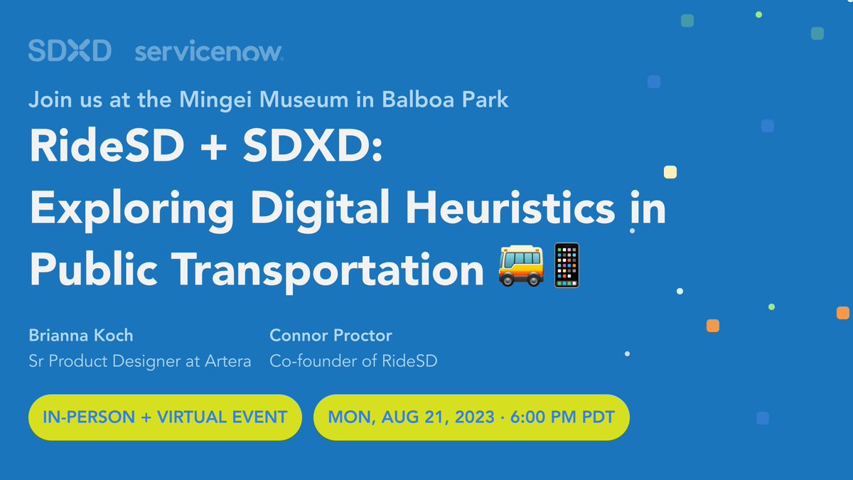 Join us on 8/21 from 6 PM - 9:30 PM PDT at the stunning Mingei Museum in <a href="/BalboaPark/">Balboa Park</a>. We're collaborating with <a href="/ride_sd/">RideSD</a> for a design-focused discussion on SD's public transportation. Learn Heuristic Evaluation best practices and help improve our city's transport system. #ux