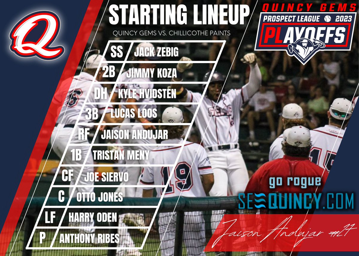 Tonight's starting lineup for game two of the Prospect League Championship Series. Game time starts at 6:05 PM CDT. Tune in to PLTV to cheer them on, as this could possibly be the very last game of the 2023 Prospect League season. 💎⚾ portal.stretchinternet.com/pltv/ #GEMPIRE