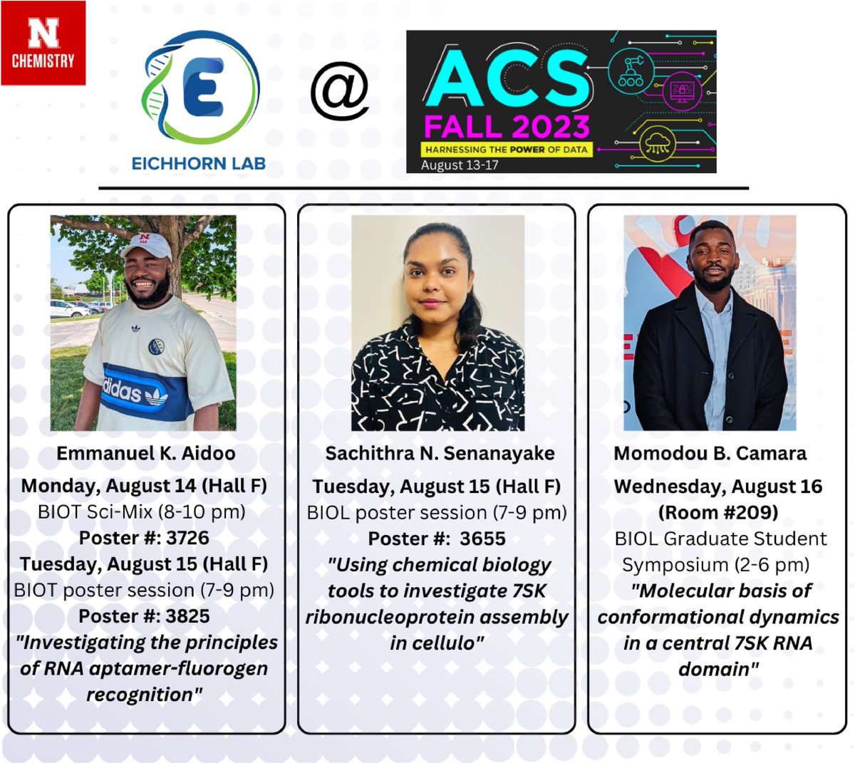 So excited for the #ACSFall2023 meeting! Be sure to check out poster and oral presentations by <a href="/rcaidoo/">Beta Helix</a> <a href="/SachithraNadee/">Sachithra</a>  and <a href="/mcamara3_/">Momodou</a>. #BIOT2023 #ACSDBC #chemtwitter <a href="/unlchemistry/">Nebraska Chemistry</a> <a href="/CdEichhorn/">Dr. Catherine Eichhorn</a>