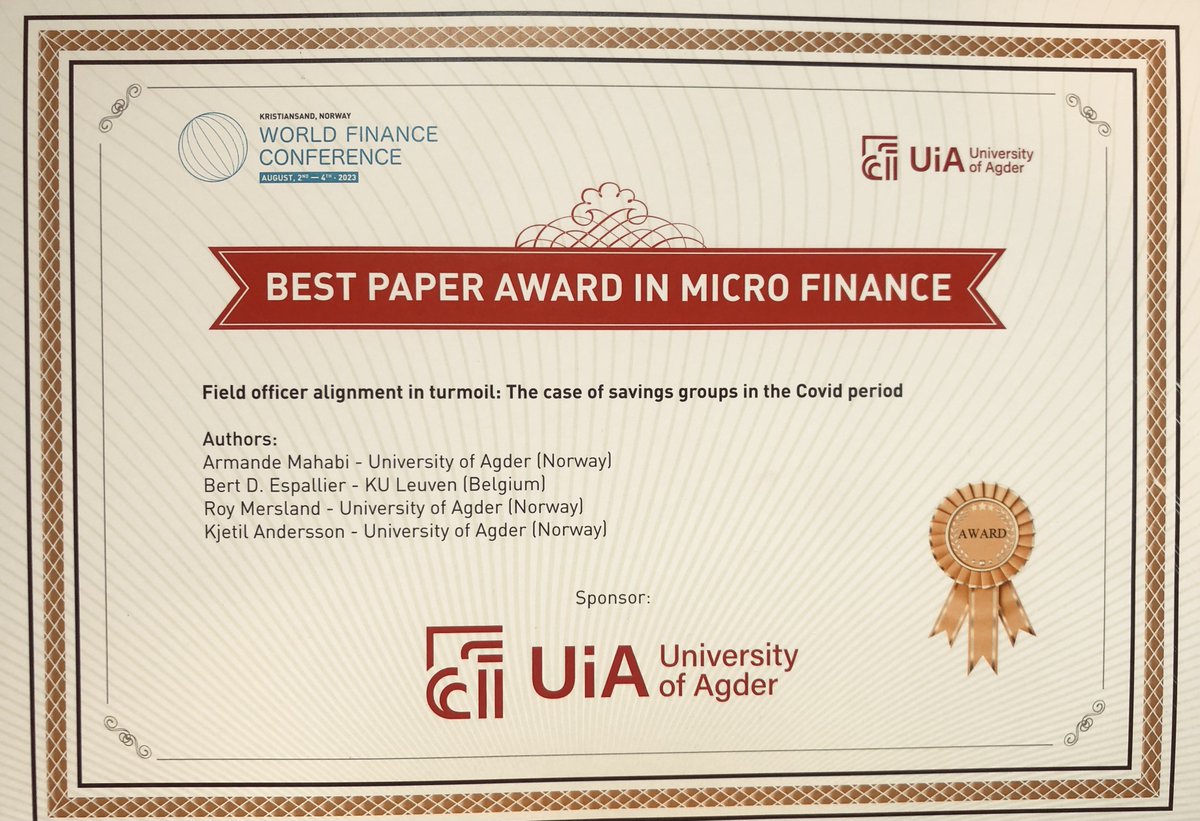 ArmandeMahabi's tweet photo. A pleasure to have presented last week our co-authored (& on the same occasion awarded) paper on the impact of the gender of local field officers on the performance of savings groups🚺♀.
My deepest gratitude to #WorldFinanceConference &
@AgderUniversity
#StrommeFoundation https://t.co/yPuFpC76yU