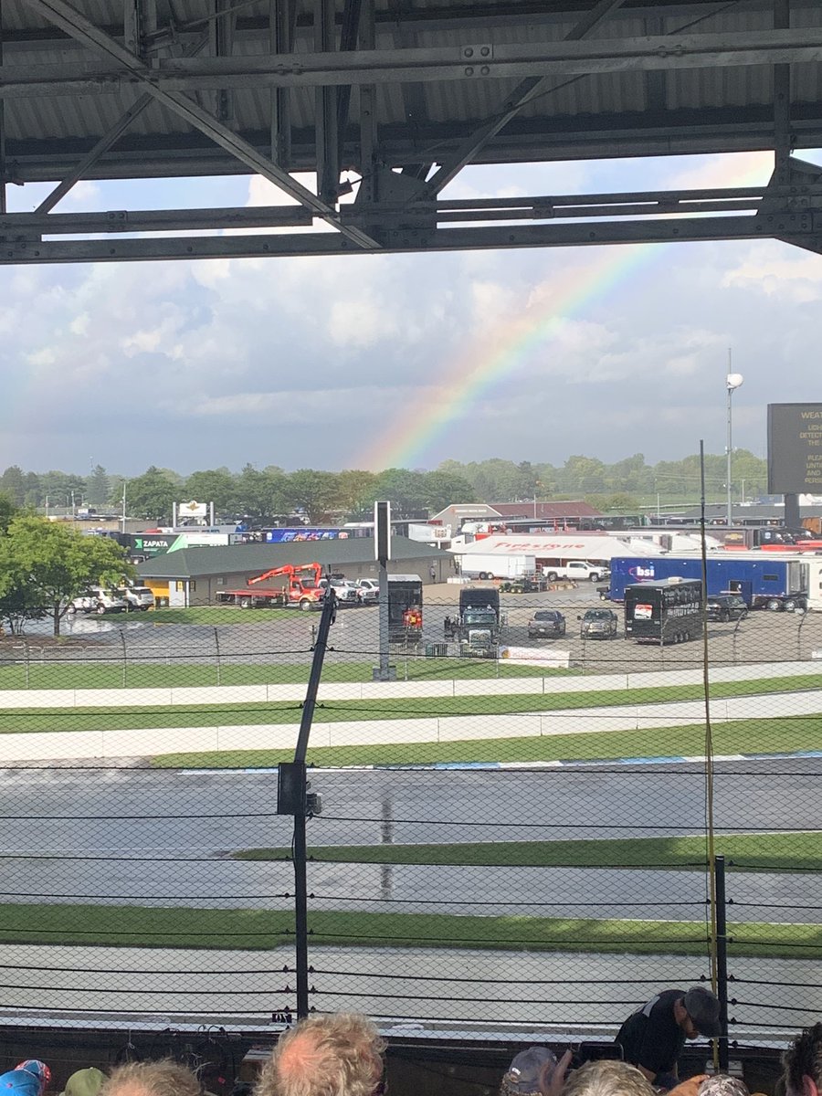 MagiNicole96's tweet photo. It came down for a little bit, but there is a BEAUTIFUL rainbow now! #thebrickyard #nascarxfinity #nascar #IMS https://t.co/4v3cox6kZv