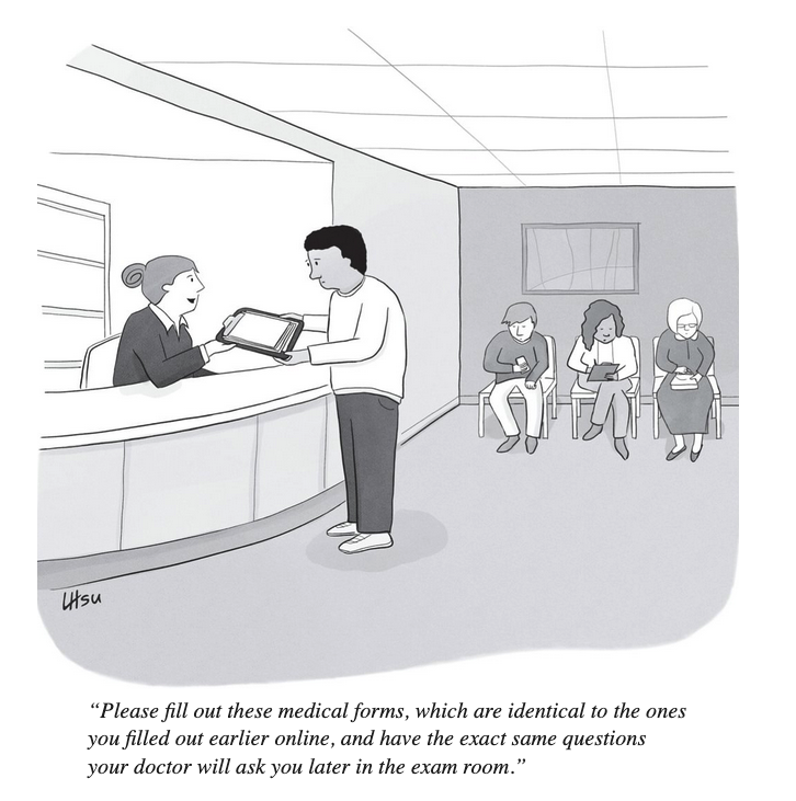 On-target cartoon from this week's @NewYorker about medical clinic workflow #MedTwitter