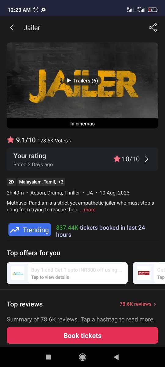 Its Not #JailerStorm ... Its #JailerHurricane 🙏🏻💥

All Time Record Bookings Happening For A #Kollywood Movie In #BookMyShow 👌🏻

Last 24 Hrs.. Massive 837.44K Tkts Sold Out In BMS Alone 🙏🏻

#Rajinikanth = #BoxOffice #Emperor 👑

#Superstar Of #IndianCinema 😎

#Jailer #JailerFDFS