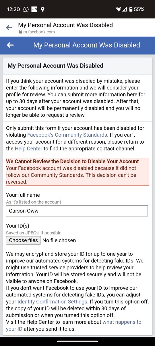 carsonau's tweet photo. My FB account was hacked, and now it is disabled. FB: "This decision can't be reversed" #byefacebook https://t.co/8FR7WYjffF