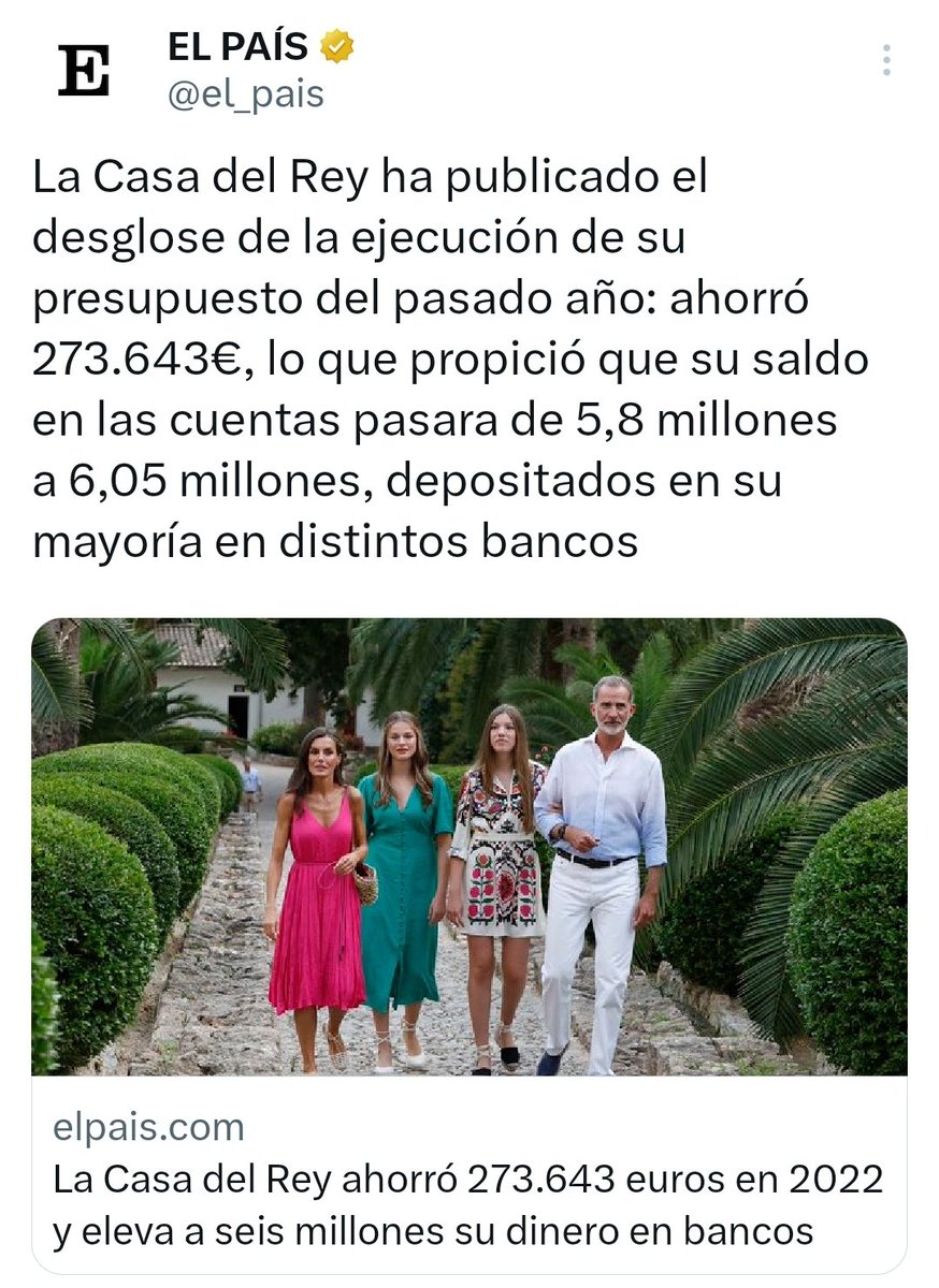 Hay otra forma de decirlo. Le pagamos a esta familia 8'4 millones de euros al año. De ese dinero, parte son sueldos personales de los miembros, para que no tengan que mirar qué pescado está más barato. Otra parte son gastos de la institución. Hubo 273.643 euros (tuyos y míos) que