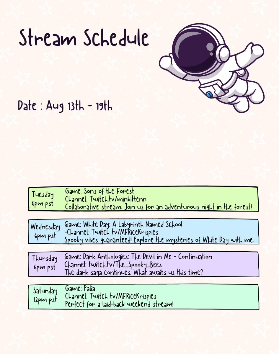 MFRiceKrispies's tweet image. 🗓️ New week, new adventures! 🎮  Save the dates and join the fun! With @minkittenn , @spooky_bees , and Me🌟 check out my stream schedule below for all the details. 🔗 twitch.tv/MFRiceKrispies
#StreamingSchedule #GamingCommunity #MFRiceKrispiesOnTwitch