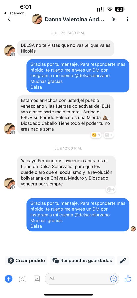 delsasolorzano's tweet photo. #IMPORTANTE Pocas veces denuncio el acoso o la persecución de la que soy víctima, sin embargo, en virtud de los graves hechos ocurridos recientemente en el Ecuador, y visto que esta amenaza que acabo de recibir tiene claras motivaciones políticas, denuncio ante el país que desde la cuenta de Facebook asociada a este perfil: https://t.co/HSG5HSE5iX, he recibido una amenaza de muerte. 

Esta cuenta ha venido acosándome desde el mes de julio como consta en esta captura de pantalla anexa y no había prestado atención, hasta el día de hoy, cuando han señalado que:

“Ya cayó Fernando Villavicencio ahora es el turno de Delsa Solórzano, para que les quede claro que el socialismo y la revolución bolivariana de Chávez, Maduro y Diosdado vencerá por siempre”.

Ante esta grave situación, señalo:

Vista la ausencia de Estado de Derecho en Venezuela, realizaré denuncia formal ante organismos internacionales. Así mismo, en cuanto a mi campaña presidencial, seguiré recorriendo el país y llevando el mensaje de cambio y esperanza que tanto anhela Venezuela. Nada nos va a detener en nuestra firme decisión de darle libertad a nuestra nación  y a sus hijos.