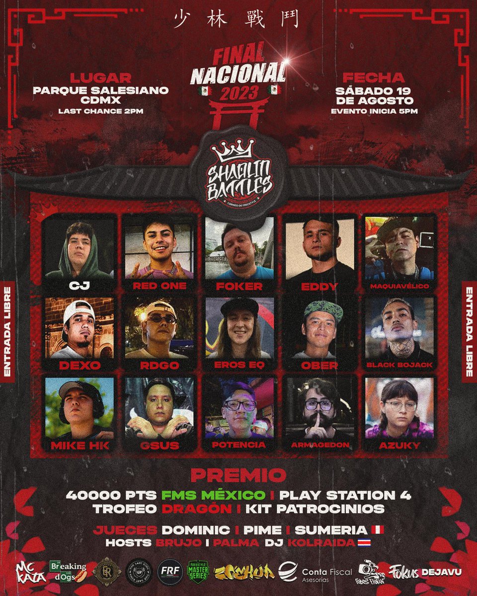 📷📷GRAN FINAL NACIONAL 📷📷
-
Les presentamos la Gran Final Nacional Shaolin Battles 2023 📷
-
Lugar | Fecha | Hora
📷 Parque Salesiano CDMX
📷 Sábado 19 de Agosto
📷2:00pm (The Last Chance) 5:00PM Final Nacional.
-
¿Quien será nuestro Campeón 2023?