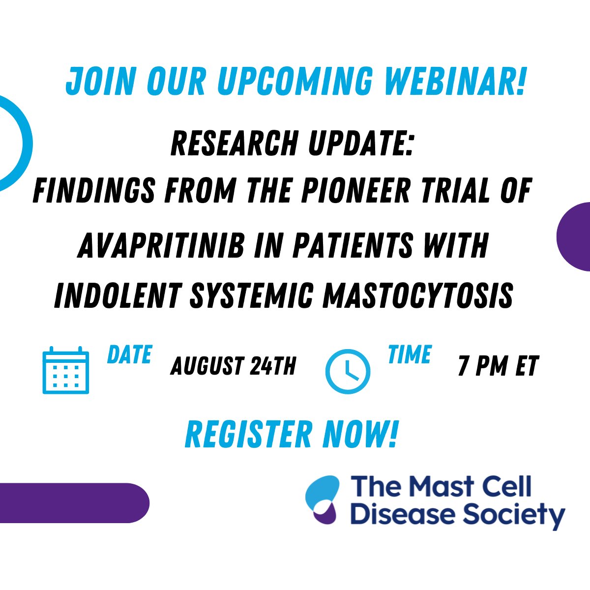 📣 We are thrilled to announce that on AUGUST 24th at 7 pm eastern we are hosting a webinar to provide the community with information about the recent PIONEER trial of Avapritinib.  You can save your seat for the webinar by registering here: buff.ly/4441sW7