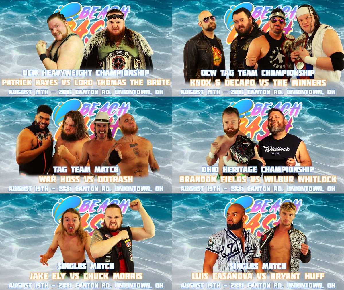 Be there THIS SATURDAY as OCW wraps up our summer with Beach Bash 4! Announced Matches: Patrick Hayes vs Lord Thomas the Brute War Hoss vs DDTrash Jake Ely vs Chuck Morris Asher Knox & Gino DeCapo vs The Winners Wilbur Whitlock vs Brandon Fields Luis Casanova vs Bryant Huff