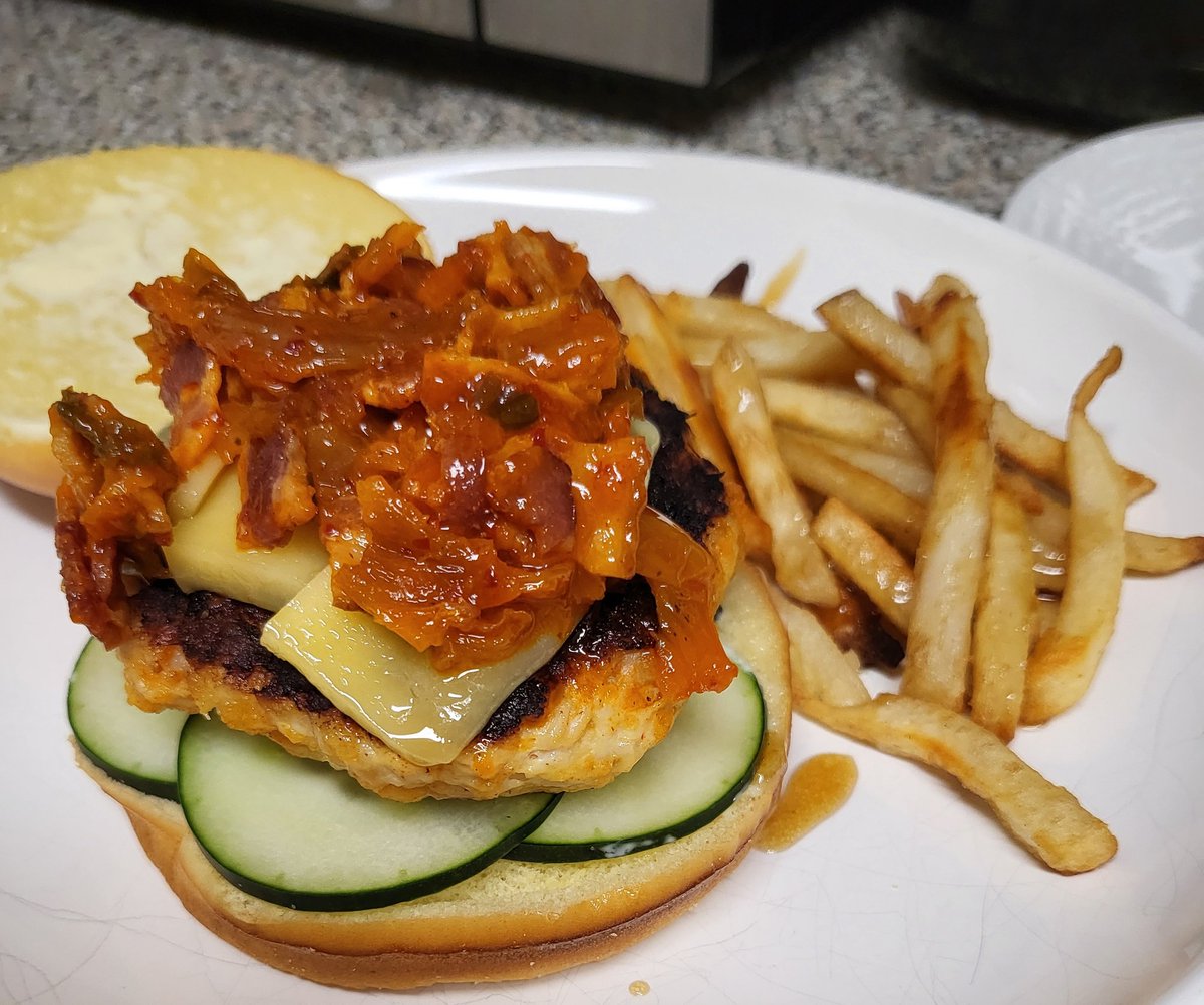 Some Korean fusion food in honor of the last D Day replay: gochujang chicken burger with gouda and kimchi bacon jam, and fries drizzled with honey/butter/soy sauce