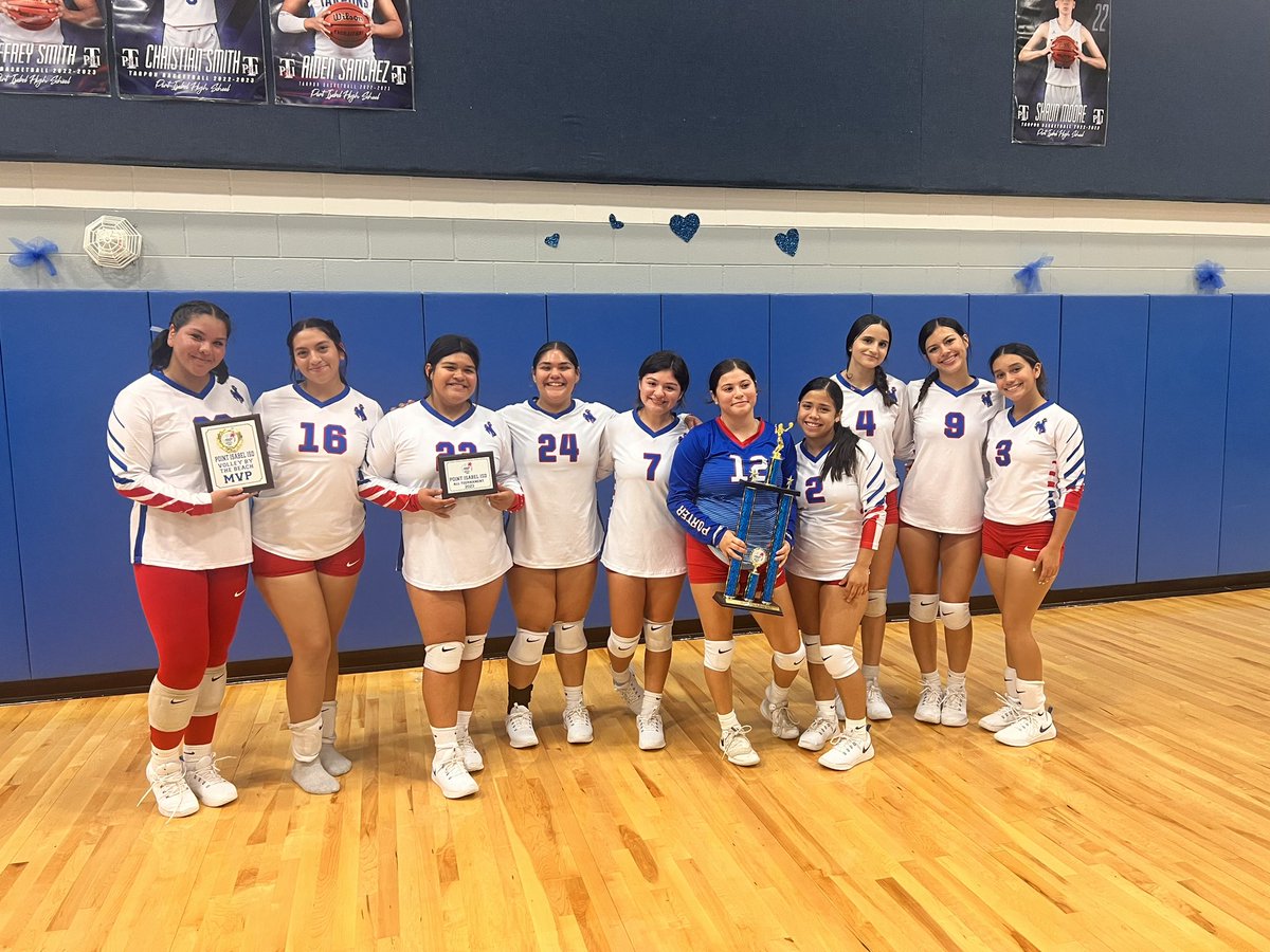 CoachCUresti's tweet photo. Congratulations to our volleyball varsity team 🏐 for winning the Point Isabel Volley By The Beach Tournament! Shout out to Melanie Ortiz for receiving tournament MVP and to Gabby Sosa for being named All Tourney. Keep it up girls! @PorterECHS @BISDAthletics1 @BrownsvilleISD https://t.co/ivuL2lbfHc
