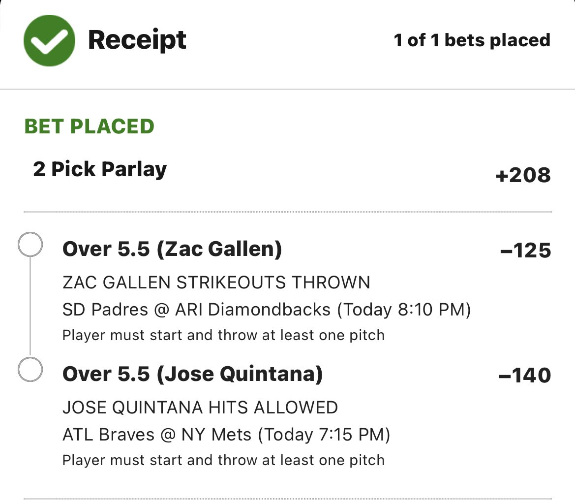 BDE__BETS's tweet photo. PARLAY PLAY💥

Gallen - Over 5.5 Ks
Quintana - Over 5.5 HA

Combined = +208 💰

LETS RIDE 😎

#MLB #MLBB #MLBTwitter #MLBxESPN #ajaher #AlNassrAlhilal #AthleticRealMadrid #Crimea #CristianoRonaldo #lufc #LGM #ForTheA #BringTheGold #ArizonaBorn #Rodrygo #Militao #TheMets #Wilder https://t.co/4xtGPsmnpo