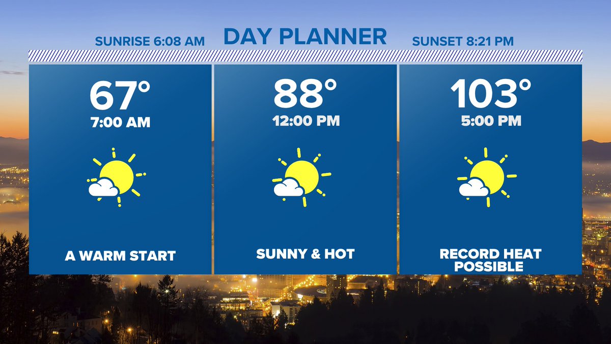 JoeRaineriWX's tweet photo. I hope everyone is enjoying these "cool" conditions...with many spots around the #Rosecity in the upper 80s to 90 degrees. Tomorrow much of the state will be under some kind of advisory as highs get into the low 100 degree range around the metro area. #kgw #augustheatwave https://t.co/MGfpc6dhHB