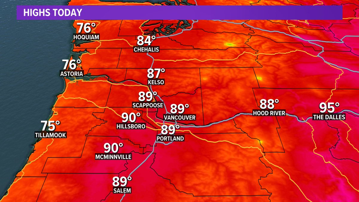 JoeRaineriWX's tweet photo. I hope everyone is enjoying these "cool" conditions...with many spots around the #Rosecity in the upper 80s to 90 degrees. Tomorrow much of the state will be under some kind of advisory as highs get into the low 100 degree range around the metro area. #kgw #augustheatwave https://t.co/MGfpc6dhHB