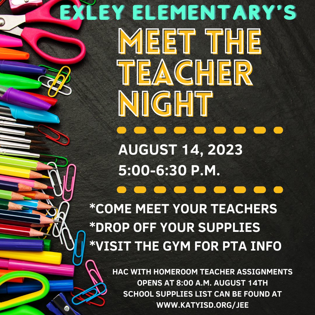 We are so excited to see all of our students and families Monday night for Meet the Teacher!  Families can see their child's teacher assignment in HAC Monday at 8:00 a.m.  #exleytweets