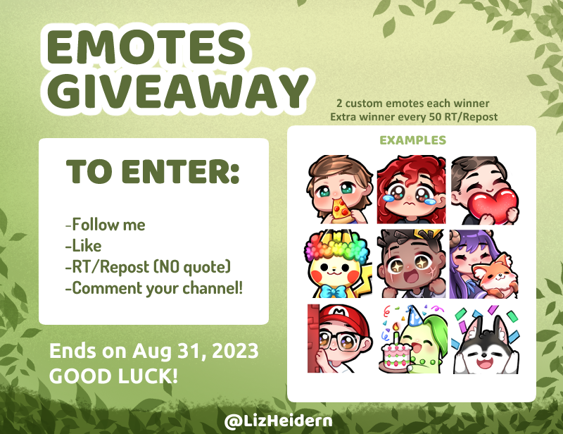 LizHeidern's tweet photo. ✧ EMOTES GIVEAWAY ✧

┍━━━━━»•» 🌺 «•«━┑
    TO ENTER:
ʚ Follow me
ʚ Like
ʚ RT/Repost (NO quote)
ʚ Comment your channel!
┕━»•» 🌺 «•«━━━━━┙

🏆2 custom emotes each winner
🏆🏆Extra winner = Every 50 RT/Repost

Ends on Aug 31, 2023 https://t.co/lLNFUj9fIz