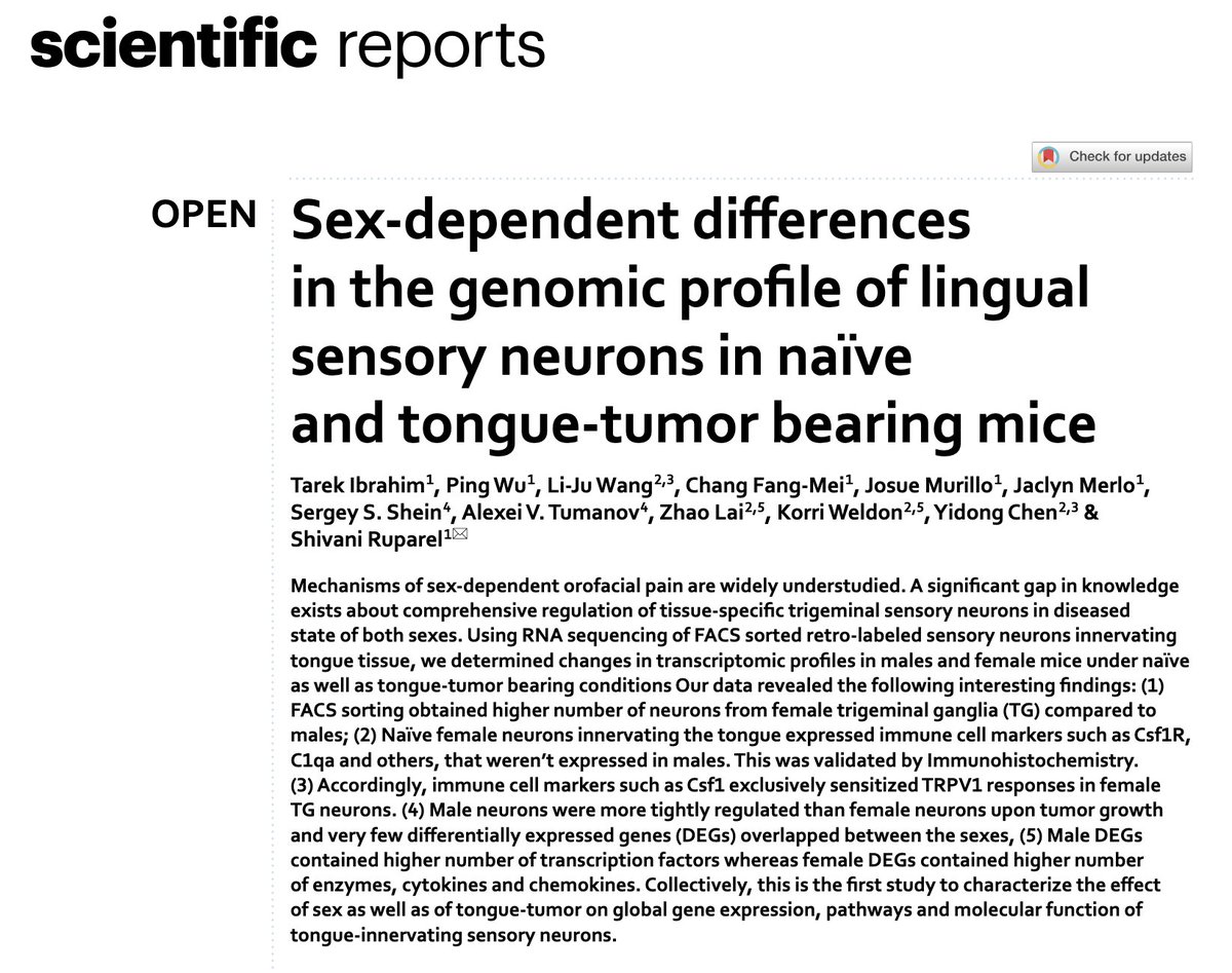 Our manuscript is now online.  One of the first to test changes in the transcriptome of FACS sorted neurons with sex and disease in the orofacial region. #painresearch #pain #sexdifferences
rdcu.be/djjYJ