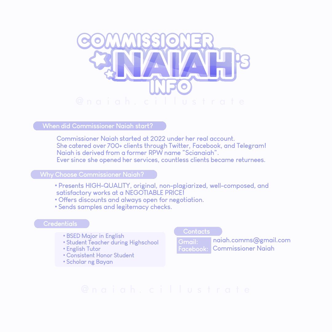 naiahcommss's tweet photo. ⊹ welcome to @.naiah's haven! 🌥️
#🌸 700+ Catered Works snc. 2022 —
╰ commission sheets :
🍭 | BSED English Major & offers write-ups/graphic commissions! slide Commissioner Naiah a dm for more info! Can do rush, non-rush, and complex works.
tags: #academiccommissionsph https://t.co/n1VZvLDYDF