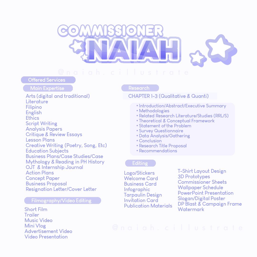 naiahcommss's tweet photo. ⊹ welcome to @.naiah's haven! 🌥️
#🌸 700+ Catered Works snc. 2022 —
╰ commission sheets :
🍭 | BSED English Major & offers write-ups/graphic commissions! slide Commissioner Naiah a dm for more info! Can do rush, non-rush, and complex works.
tags: #academiccommissionsph https://t.co/n1VZvLDYDF