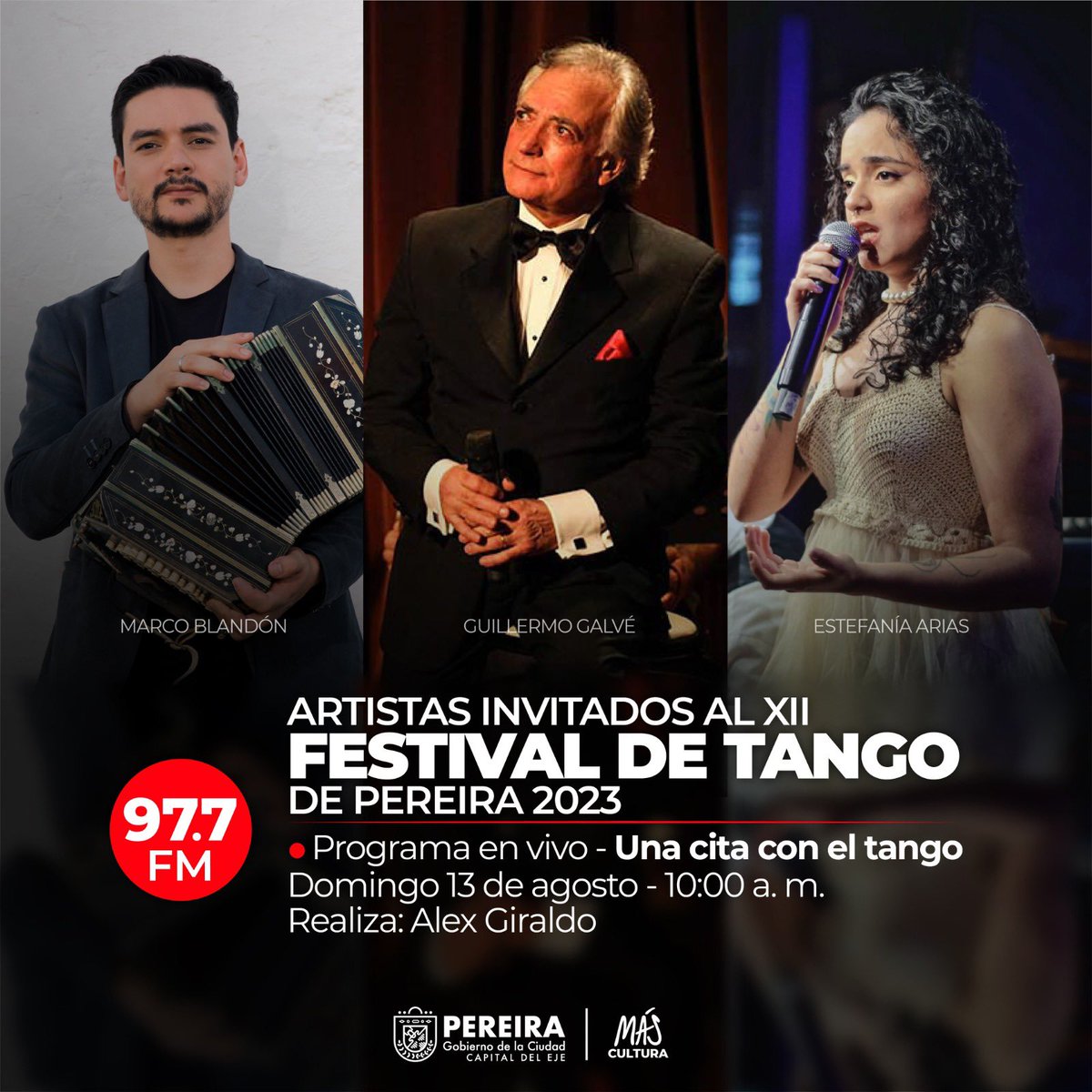 En #UnaCitaConElTango estaremos con los artistas invitados de la ‘Gala de Tango’ en el marco de las #FiestasDeLaCosecha2023. Desde argentina el cantor Guillermo Galvé y por Colombia Marco Blandón director del Quinteto de Tangueria y la cantante Estefanía Arias.