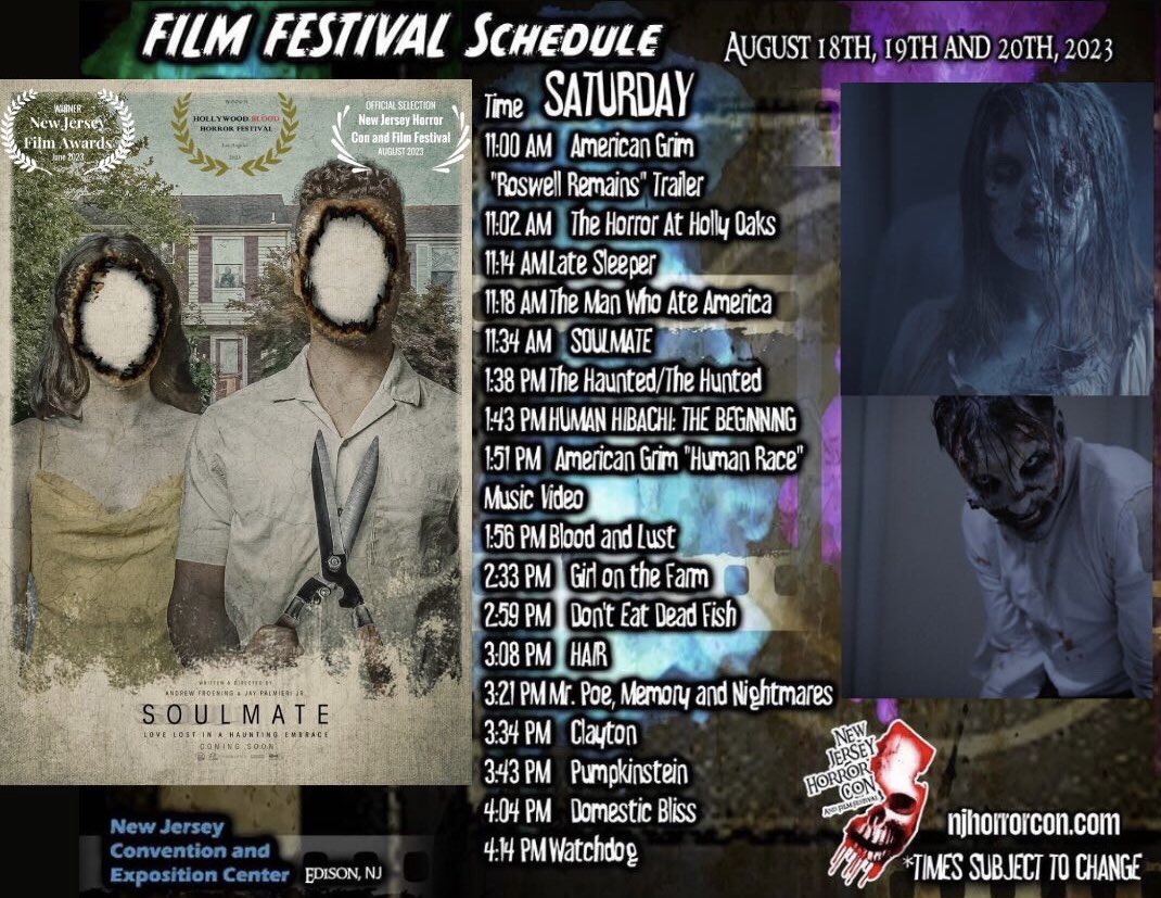Come checkout the debut festival screening of Andrew Froening & my debut feature film, SOULMATE at the NJ HORROR CON !! Aug 19th @ 11:30am! #soulmate #njhorrorcon #featurefilm #horror #HorrorMovie