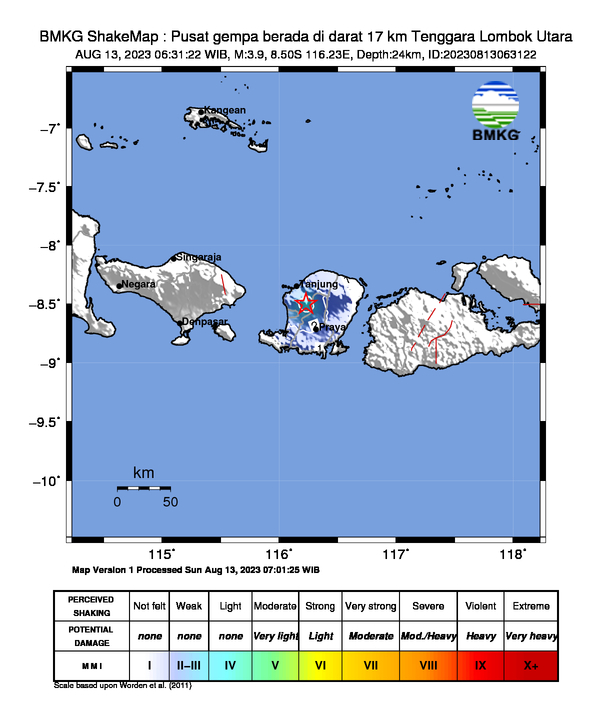 #Gempa (UPDATE) Mag:3.9, 13-Agu-23 06:31:22 WIB, Lok:8.50 LS, 116.23 BT (Pusat gempa berada di darat 17 km Tenggara Lombok Utara), Kedlmn:24 Km Dirasakan (MMI) III Lombok Utara, III Lombok Barat, III Mataram, II-III Lombok Tengah, III Lombok Timur #BMKG