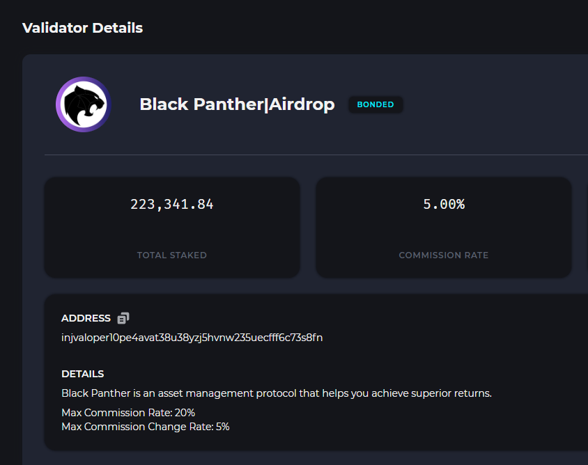 BlackPanther_Fi's tweet photo. We are thrilled to announce that Black Panther has joined the @Injective_ active validator set! 

Huge shoutout to all our delegators for supporting us. You are now earning yield for staking $INJ with us 🥳

We are still taking snapshots. Delegate now 👇

https://t.co/hLbwfjPEqJ https://t.co/8ixR13mviE