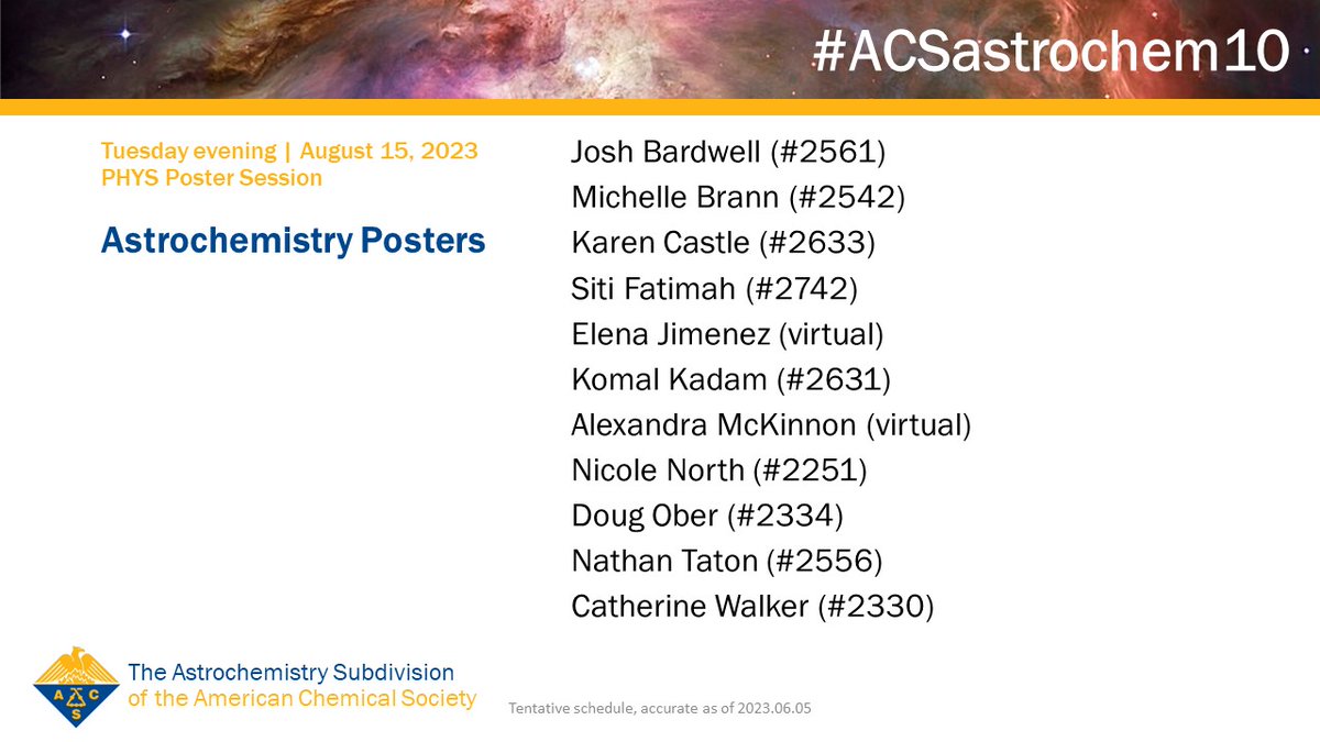 Makes sure you check out the astrochemistry posters at the <a href="/ACSPHYSDivision/">ACS Physical Chemical Division</a> poster session tonight from 7 to 9 p.m.! Check our most recent schedule for poster numbers: docs.google.com/document/d/1VT…