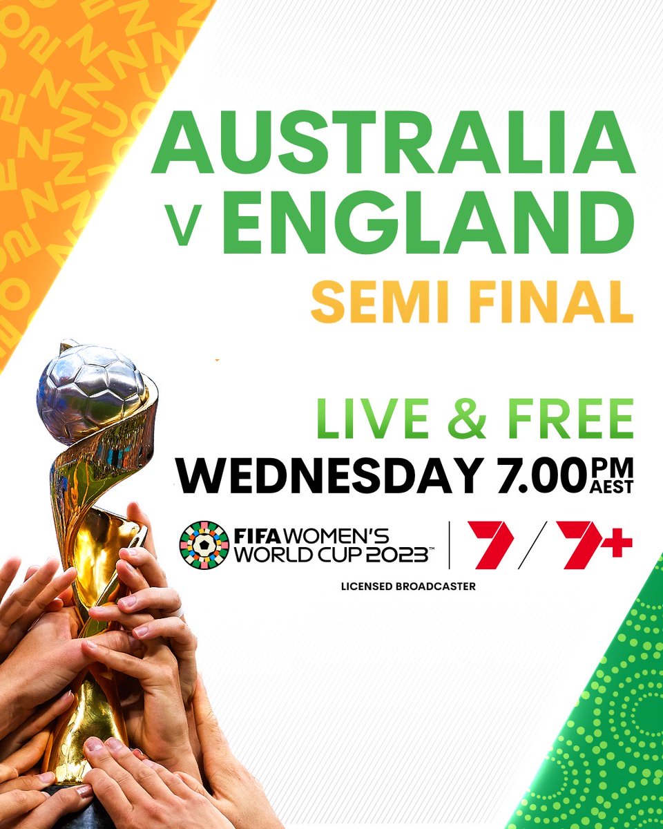 Channel7Adelaide (@ch7adelaide) on Twitter photo Bring it on! đź’š đź’›
The Matildas face England in a FIFA Women's World Cup™ semi final clash for the ages.
Wednesday after <a href="/7NewsAdelaide/">7NEWS Adelaide</a> on Seven and <a href="/7plus/">7plus</a>
#FIFAWWC | <a href="/FIFAWWC/">FIFA Women's World Cup</a> Bring it on! đź’š đź’›
The Matildas face England in a FIFA Women's World Cup™ semi final clash for the ages.
Wednesday after <a href="/7NewsAdelaide/">7NEWS Adelaide</a> on Seven and <a href="/7plus/">7plus</a>
#FIFAWWC | <a href="/FIFAWWC/">FIFA Women's World Cup</a>