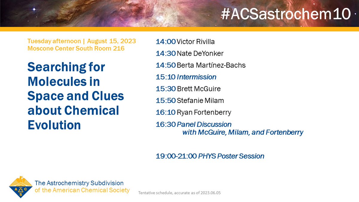 #ACSastrochem10 Day 3 starts with "Innovative Techniques for Experimental Astrochemistry" on Tuesday morning. In the afternoon, we have "Searching for Molecules in Space and Clues about Chemical Evolution." Both sessions include panel discussions. #ACSFall2023
