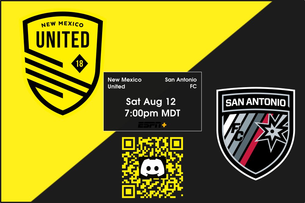New Mexico United plays San Antonio FC this evening at home. Match starts at 7:00pm MDT.  If you can't attend in person then cheer along with other NMU supporters on Discord, Matrix and other platforms. Links @ NewMexico.soccer .  #NewMexicoUnited #uslchampionship