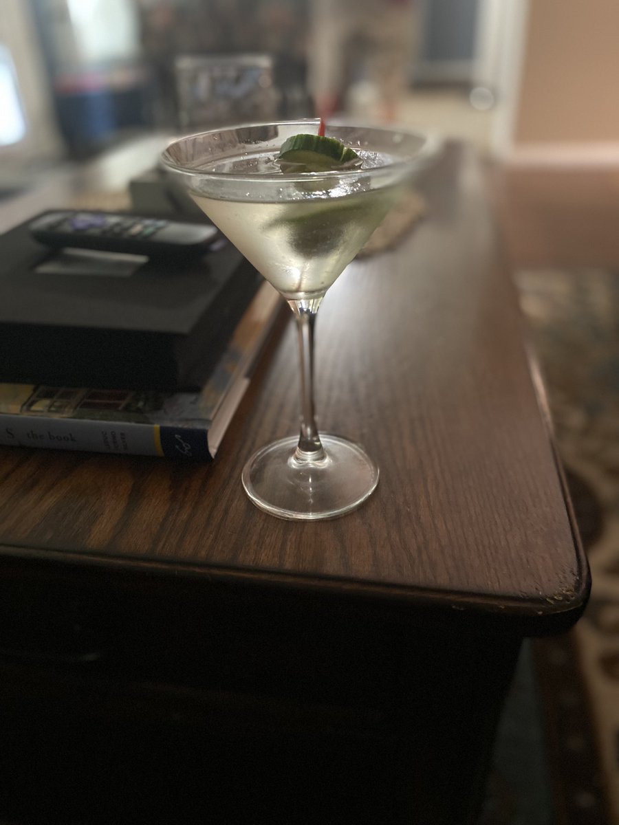esoule951's tweet photo. A cucumber, mint, elderberry martini with a blue cheese olive.  Very tasty. https://t.co/tgSBLGZjGm