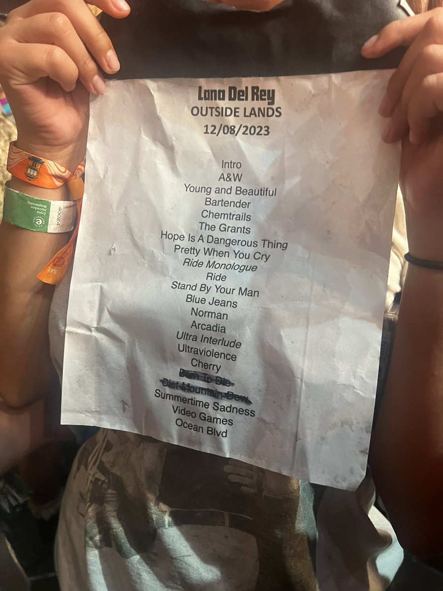 Hudson__Fox's tweet photo. I got a pic of the outside lands lana setlist!! #OutsideLands #Lanadelrey #OutsideLands2023 #Lana #setlist #Lanadelreyoutsidelands https://t.co/vxThkWyuVN