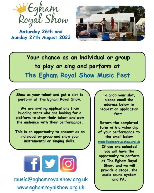 Come and perform at our fun weekend, with a wide range of people to come and see your performance

Its time to get your entries in!

.
.
.
.
.
.
.
#eghamroyalshow #surreyshows #eghamevents #musicfestuk #familyfunuk #familyfundayout #familydayoutuk #surreyevents