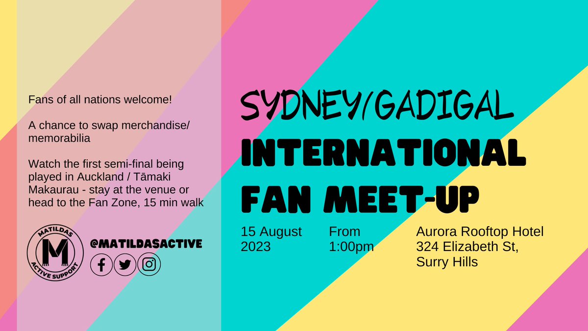 Matildasactive's tweet photo. Calling all football fans in Sydney on the 15th.

Hang with fans from the World Cup nations at the Aurora Rooftop Hotel from 1,before watching the Spain v Sweden semi final at 6.

(Also I good chance to start preparing for the big game Wednesday evening.

https://t.co/SXEyb6y7fP https://t.co/rBPMUVMhqU