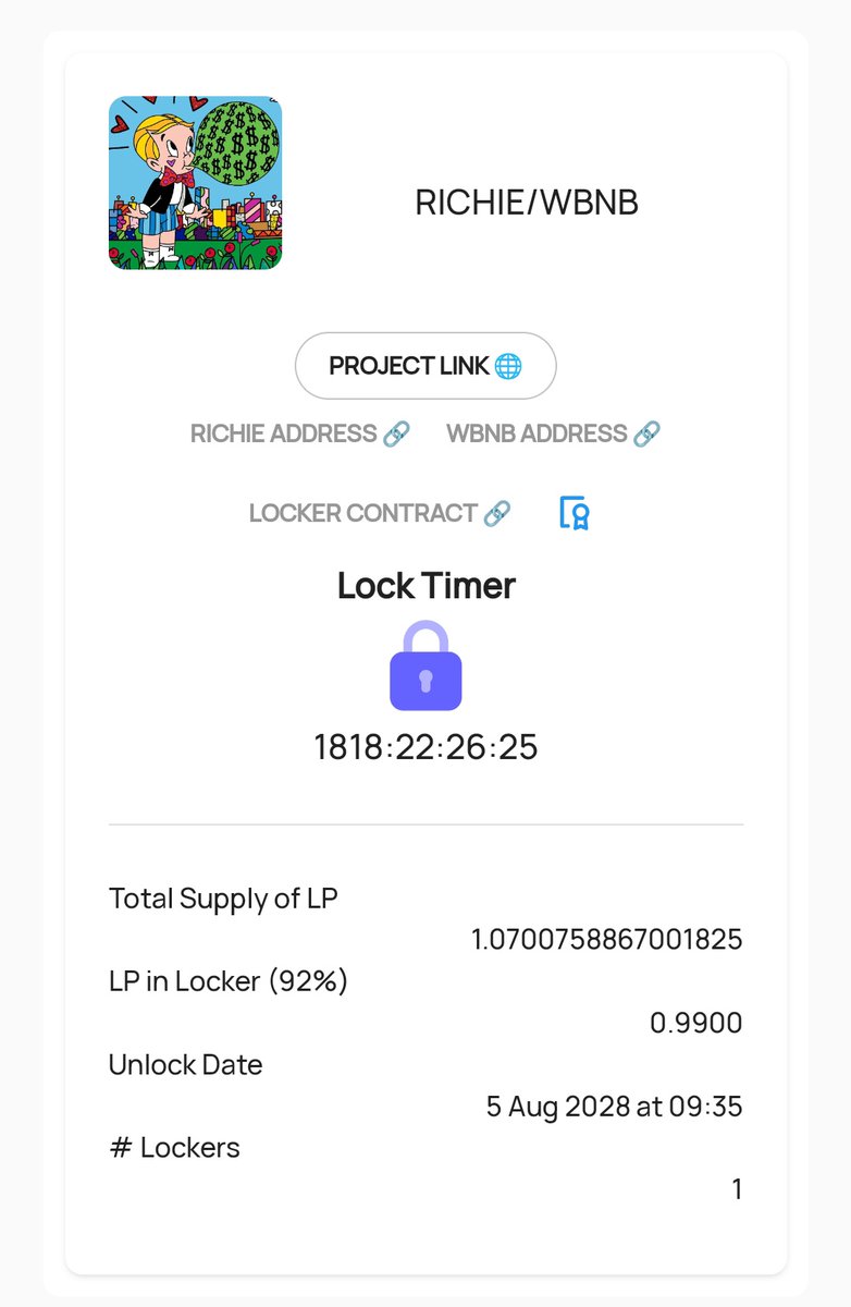 $RICHIE is here to stay!

LP Lock extended to 5 Years!

#LPLock #liquidity #safeinvestment
#BSCGems #BSCToken

dx.app/dxlockview?id=…