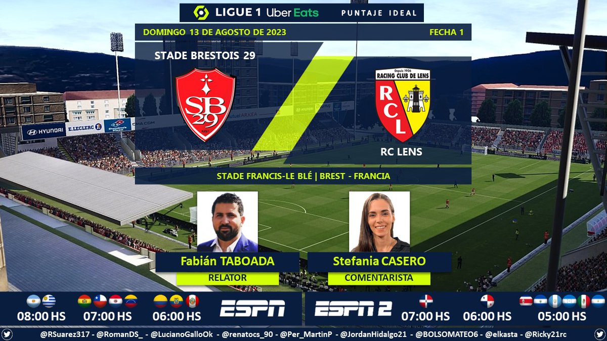⚽ #Ligue1 🇨🇵 | #StadeBrestois29 vs. #RCLens 🎙 Relator: @FabiTaboadaok 🎙 Comentarista: @stefaniacasero 📺 #ESPN Sur // #ESPN2 Norte 💻📱 @StarPlusLA Latinoamérica 🤳 #Ligue1xESPN - #ESPNenStarPlus - #SB29RCL Dale RT 🔃