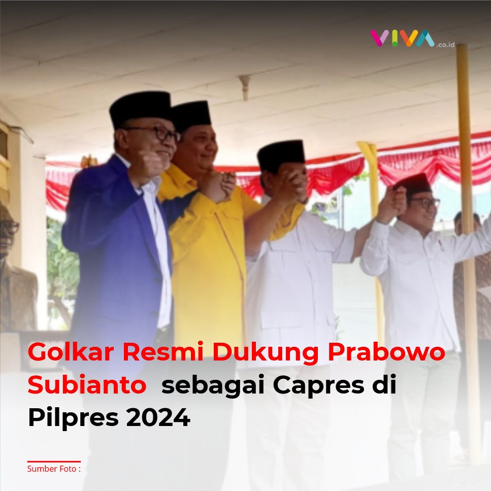 Ketua Umum Partai Golkar Airlangga Hartarto, mengumumkan partai yang dipimpinnya resmi mengusung Prabowo Subianto sebagai Capres 2024.

Itu disampaikan secara resmi, dalam deklarasi dukungan di Jalan Imam Bonjol, tempat naskah proklamasi disusun.viva.co.id/berita/politik…