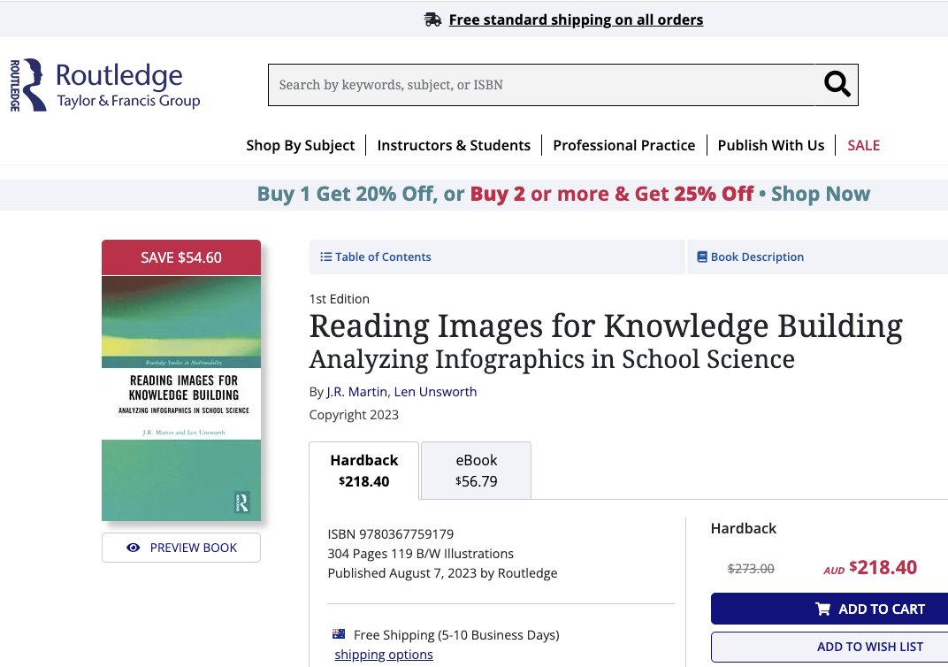 DrLenUnsworth's tweet photo. JUST Published:
Martin, J. R., &amp; Unsworth, L. (2024). Reading Images for Knowledge Building: Analyzing Infographics in School Science (1 ed.). Routledge. https://t.co/x5s6vyBd5Y https://t.co/t86r96O9Ab
