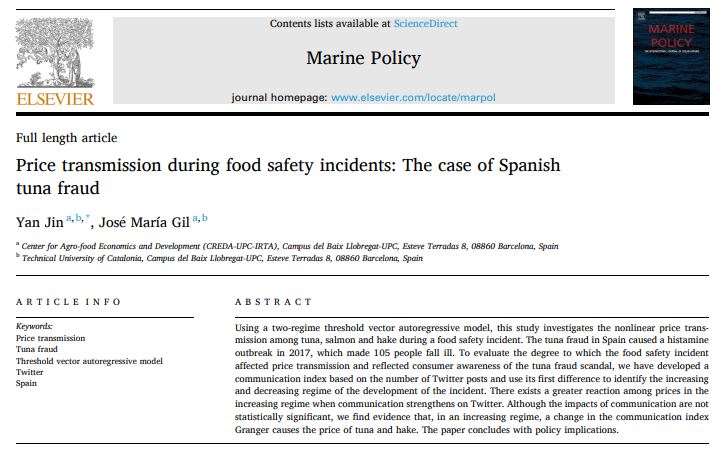 Happy to share our new paper in #MarinePolicy co-authored by Jose Maria Gil from @CREDA_UPC_IRTA.  Adopting a two-regime threshold vector autoregressive model based on a  communication index derived from Twitter, we assessed the price  transmission during the Spanish tuna fraud.