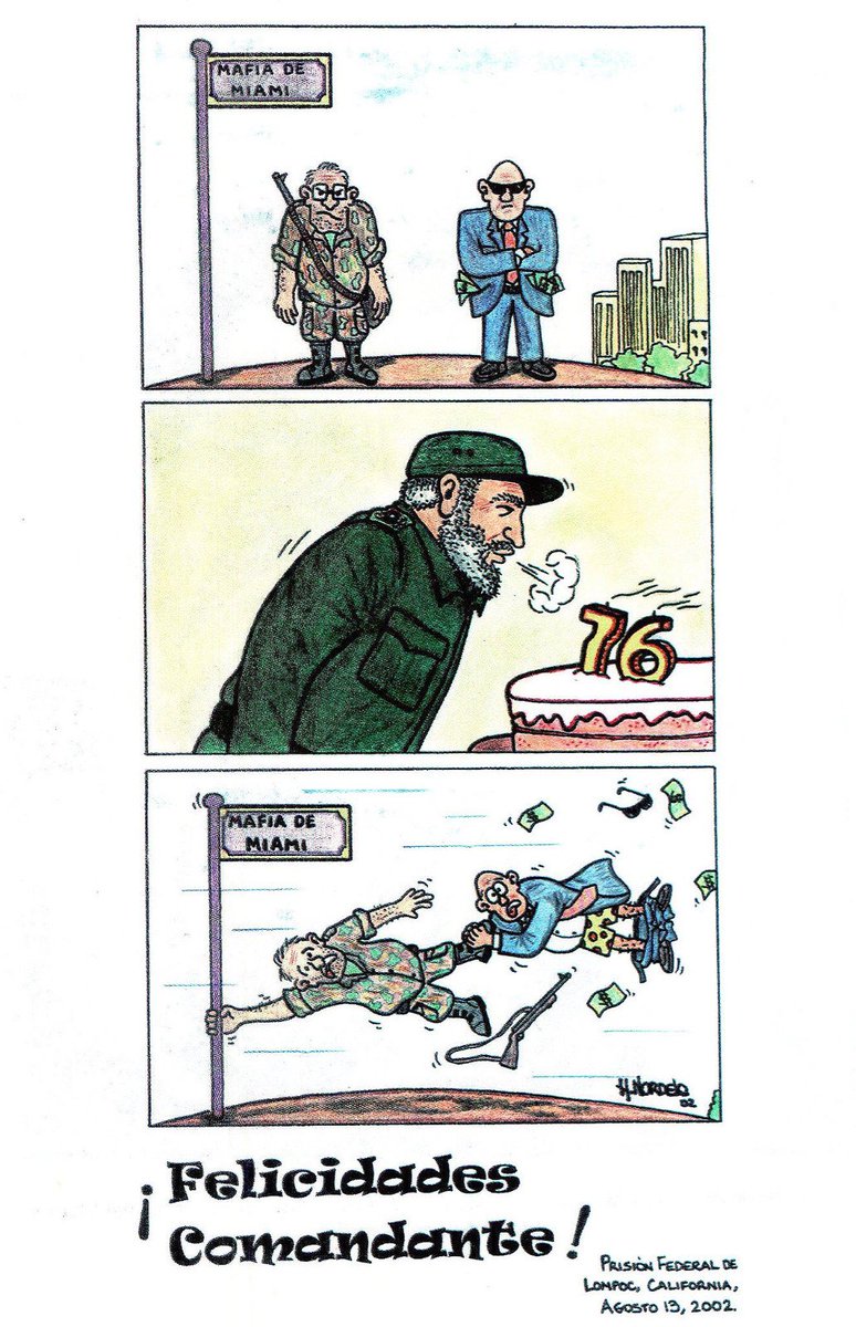 Esta fue la primera caricatura que enviamos desde prisión a #Fidel para felicitarlo por un cumpleaños. Fue en el año 2002, desde la prisión de Lompoc, en California. (Abrir). #FidelPorSiempre #Cuba #CDRCuba #SomosDelBarrio