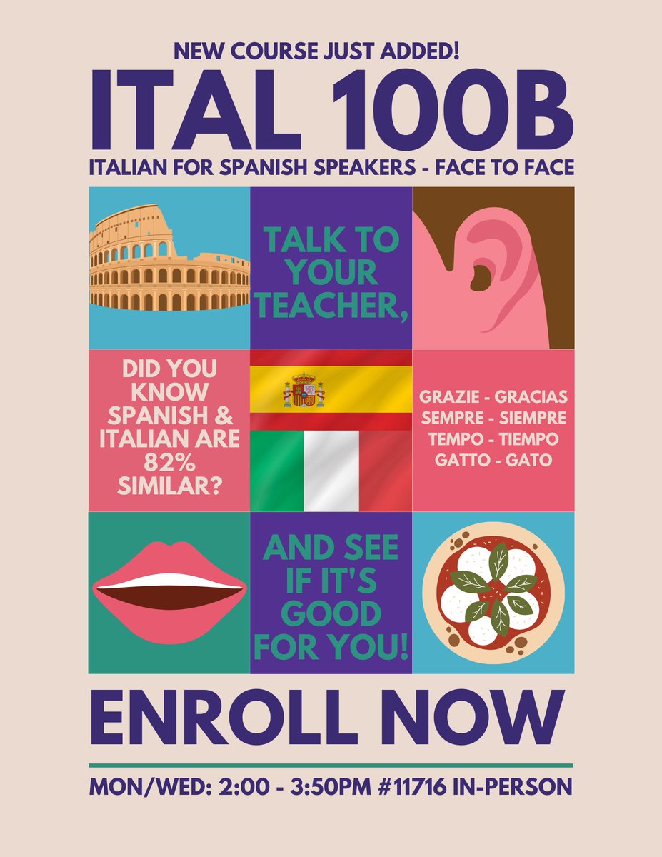 Italian 100B is a second semester course in language skills for heritage Spanish speakers offered at CSULB. If you are interested, please enroll today