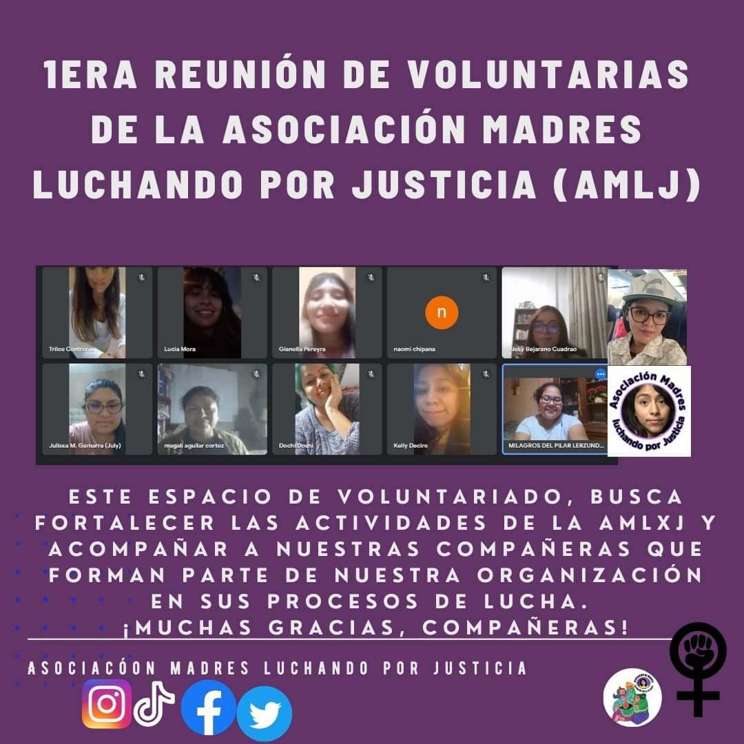 MadresLuchan's tweet photo. 1era Reunión de Voluntarias. Asociación de Madres Luchando por Justicia 💜✊🏼
Este espacio de voluntariado, busca fortalecer las actividades de la AMLJ, acompañar a nuestras compañeras que forman parte de nuestra organización en sus procesos de lucha. 
¡Muchas gracias, compañeras! https://t.co/e1YKiD2C6w