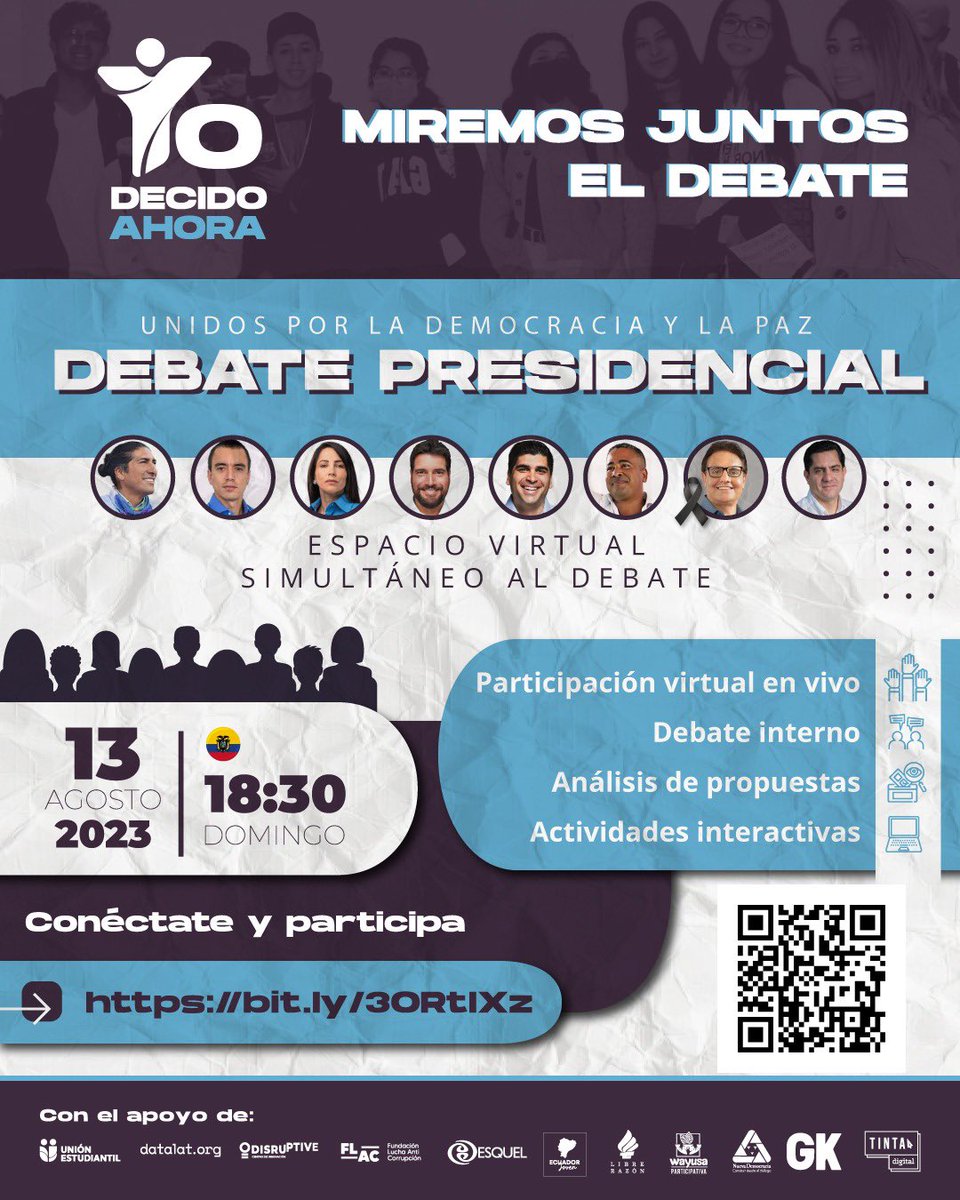 🗳️Yo Decido Ahora: Unidos por la Democracia y la Paz.
¡Queremos escucharte! Participa y juega mientras ves el debate presidencial. 👉🏻Enlace: bit.ly/3ORtIXz