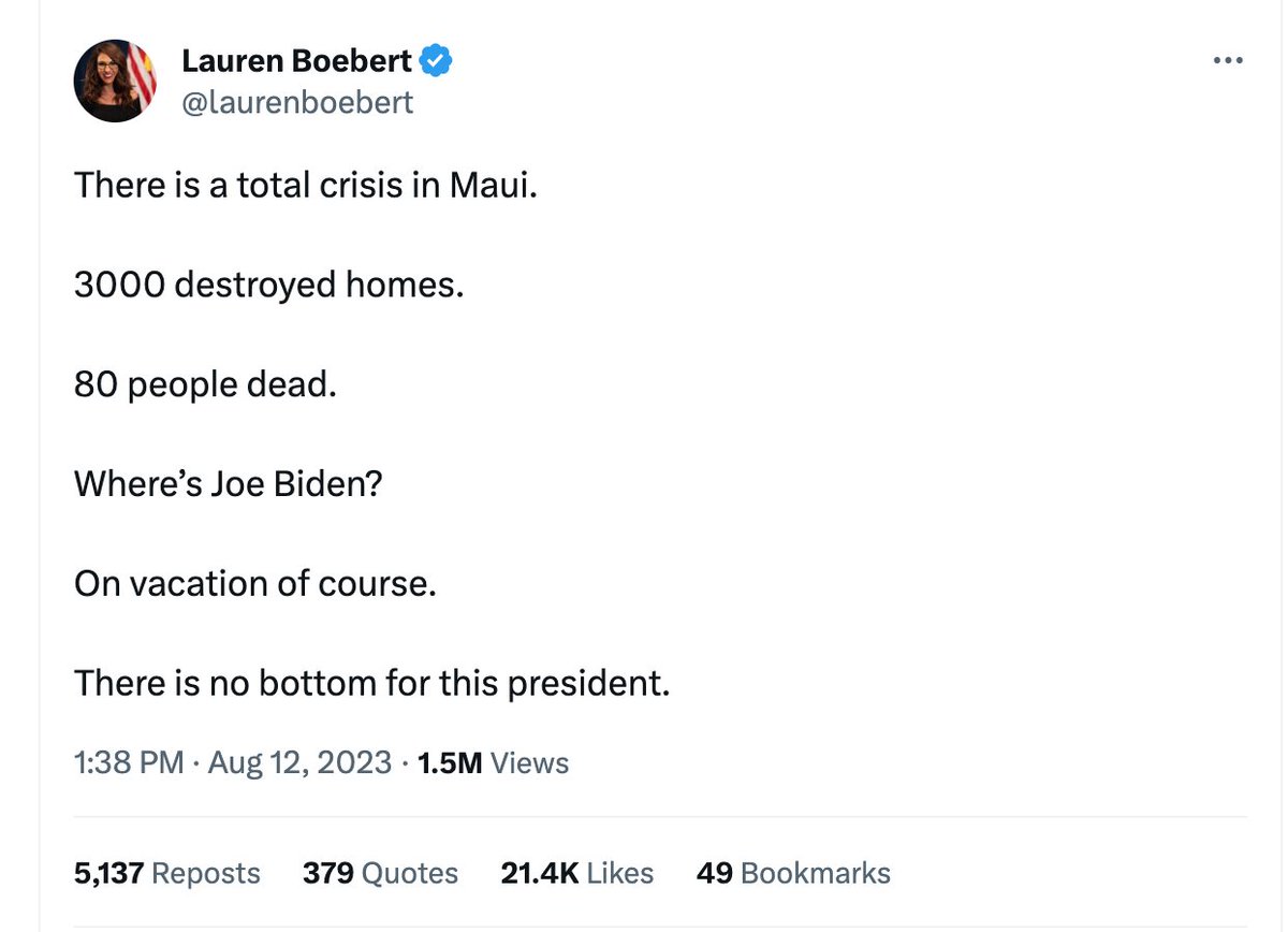 Maui is my home. You don't speak for me. @Potus immediately declared a 'major disaster' in Hawaii & ordered all available federal assets to help with response. The head of FEMA is ON THE GROUND in Lahaina with Gov Green to determine immediate & long term needs. You are despicable