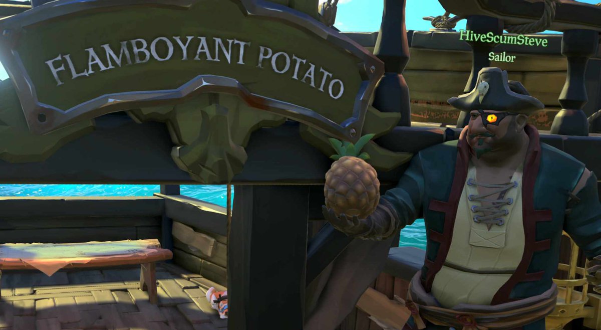 steventhezombie's tweet photo. @Robbotron @AdelleOverton thought you might appriciate this. Playing sea of thieves again and decided to name our veaale in your Honour.
Welcome aboard the Flamboyant Potato.
First friendly player we ran into said 'fan of The  Dark Room then?' 🤣 https://t.co/TJpCCfW8Dr