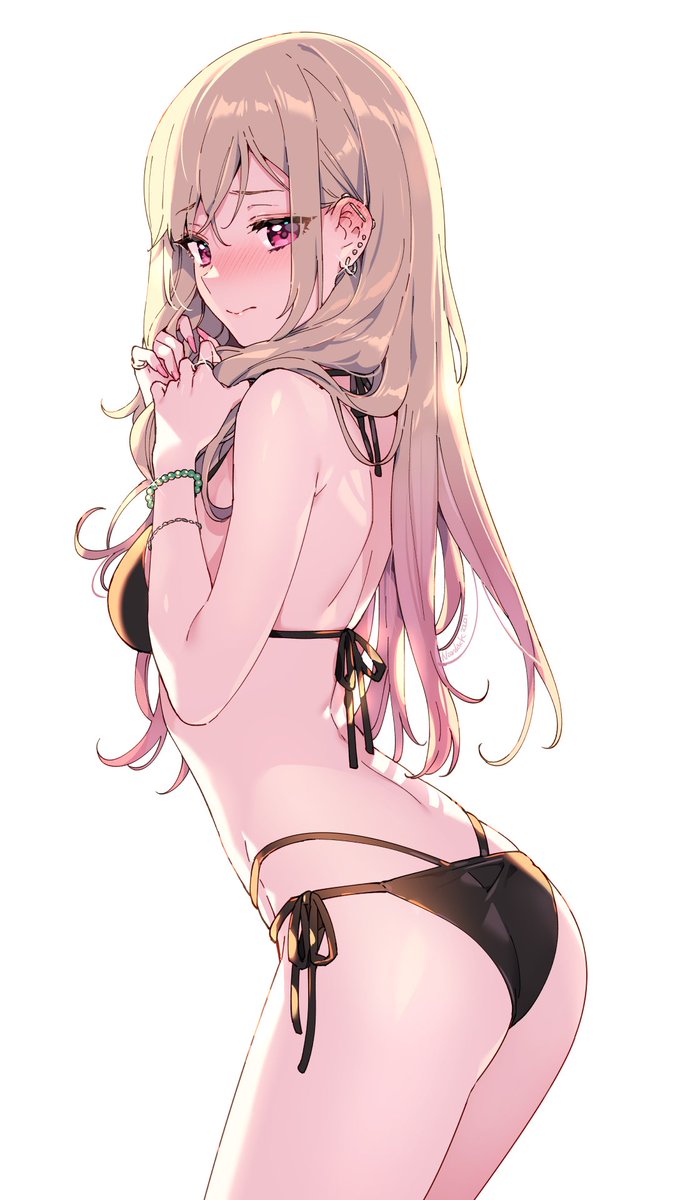Kitagarin's tweet photo. Marin stands on the beach, smiling softly out over the ocean. She turns to look at the reader, suddenly feeling self conscious under their gaze. Her cheeks turn pink, and she holds her hair like a safety blanket.

"Why are you staring at me like that?" https://t.co/UeG9zkl2Ms